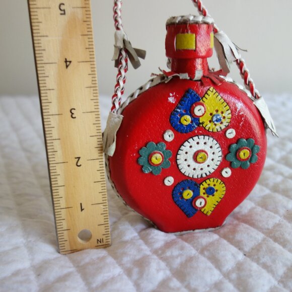 Vtg Folk Art Leather Wrapped Glass Bottle / Flask / Canteen - Picture 2 of 5
